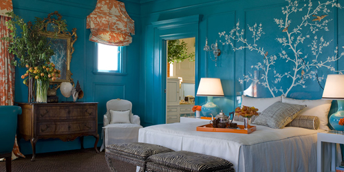 The 2007 Decorators’ Showcase house turquoise and orange master bedroom